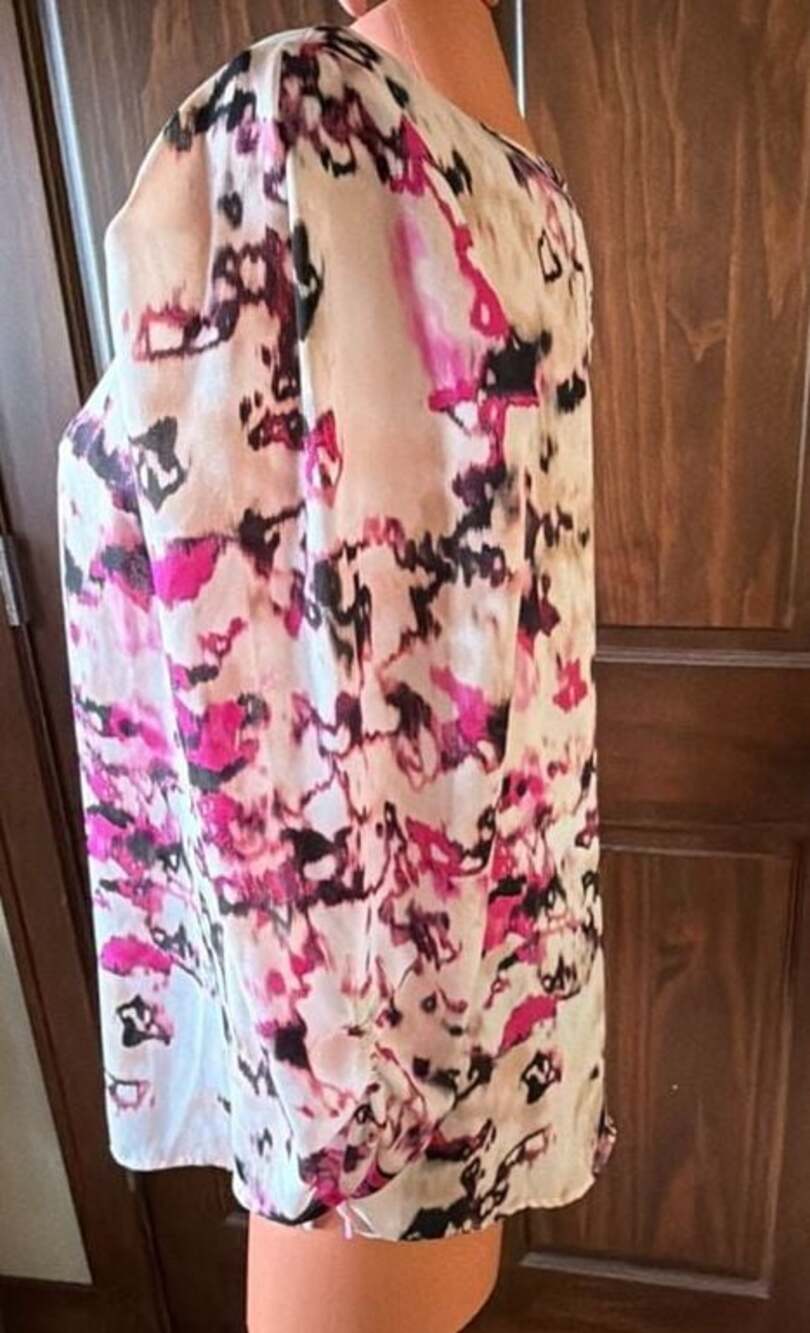 DKNY Women's Long Sleeve Crewneck Blouse in Pink, Black and White Abstract Print - Picture 8 of 10